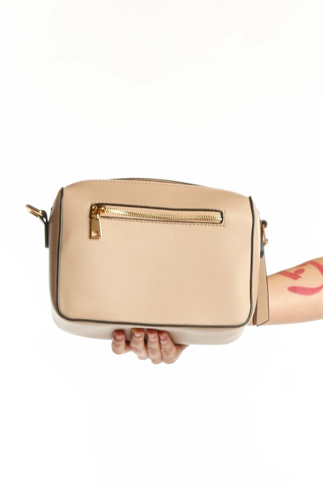 Cream structured crossbody clutch with gold-tone zip pocket and adjustable strap by SilkRoll