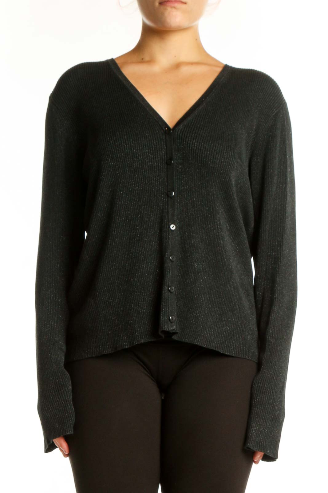 Charcoal silk lurex cardigan with V-neckline and button-front closure, worn with black pants