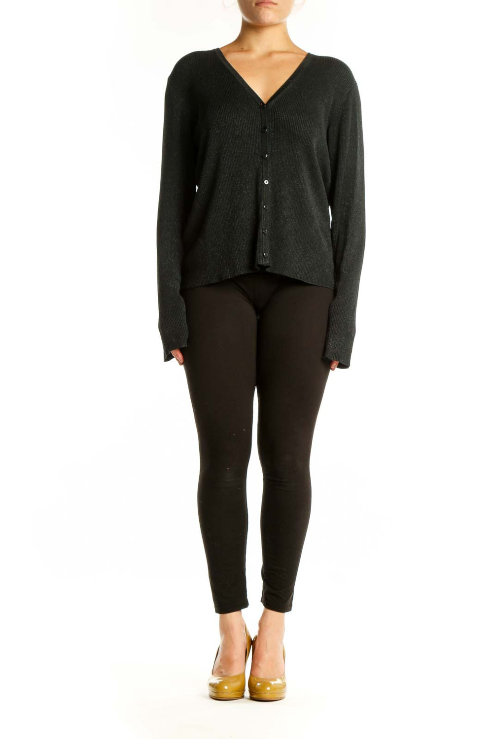 Charcoal silk lurex cardigan with V-neckline and button-front closure, worn with black pants