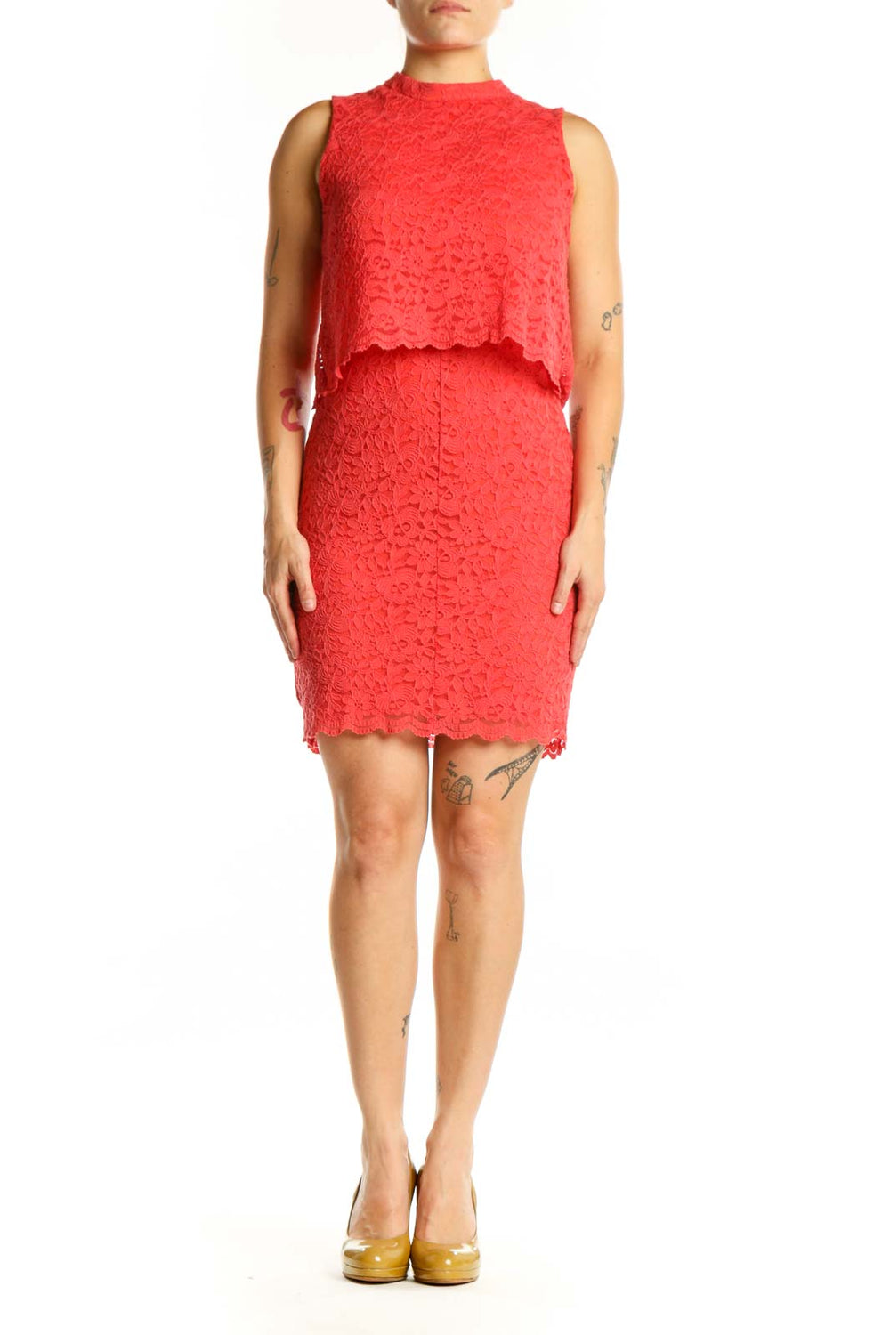 Red lace overlay cocktail dress with sleeveless design and cropped lace top layer, front view