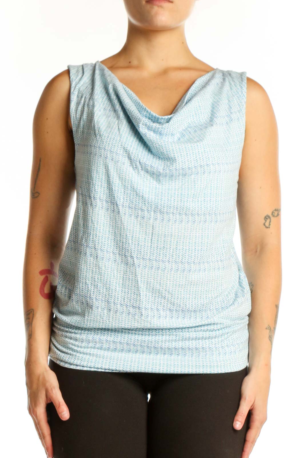 Blue cowl neck sleeveless tank top with ruched sides, front view on model