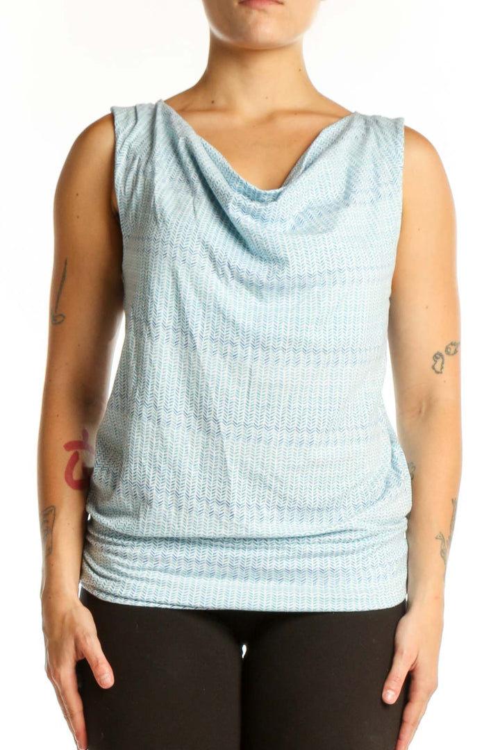 Blue cowl neck sleeveless tank top with ruched sides, front view on model