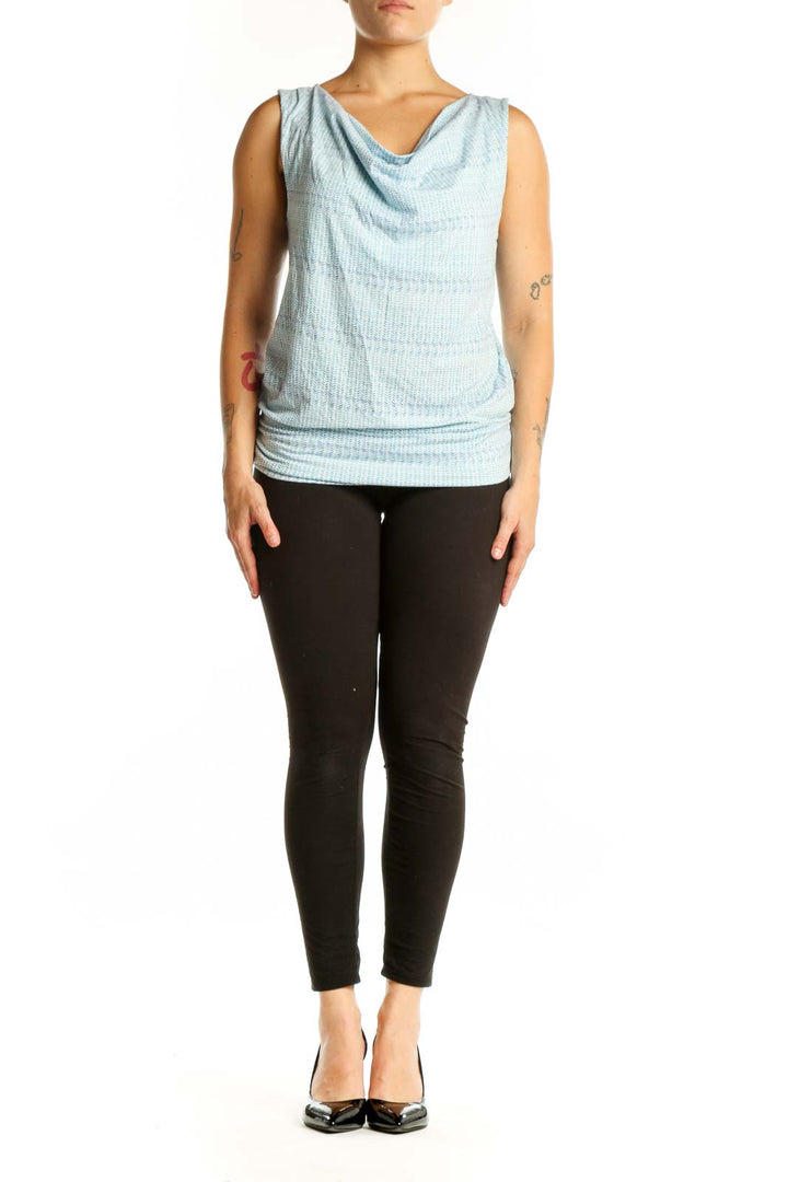 Blue cowl neck sleeveless tank top with ruched sides, front view on model
