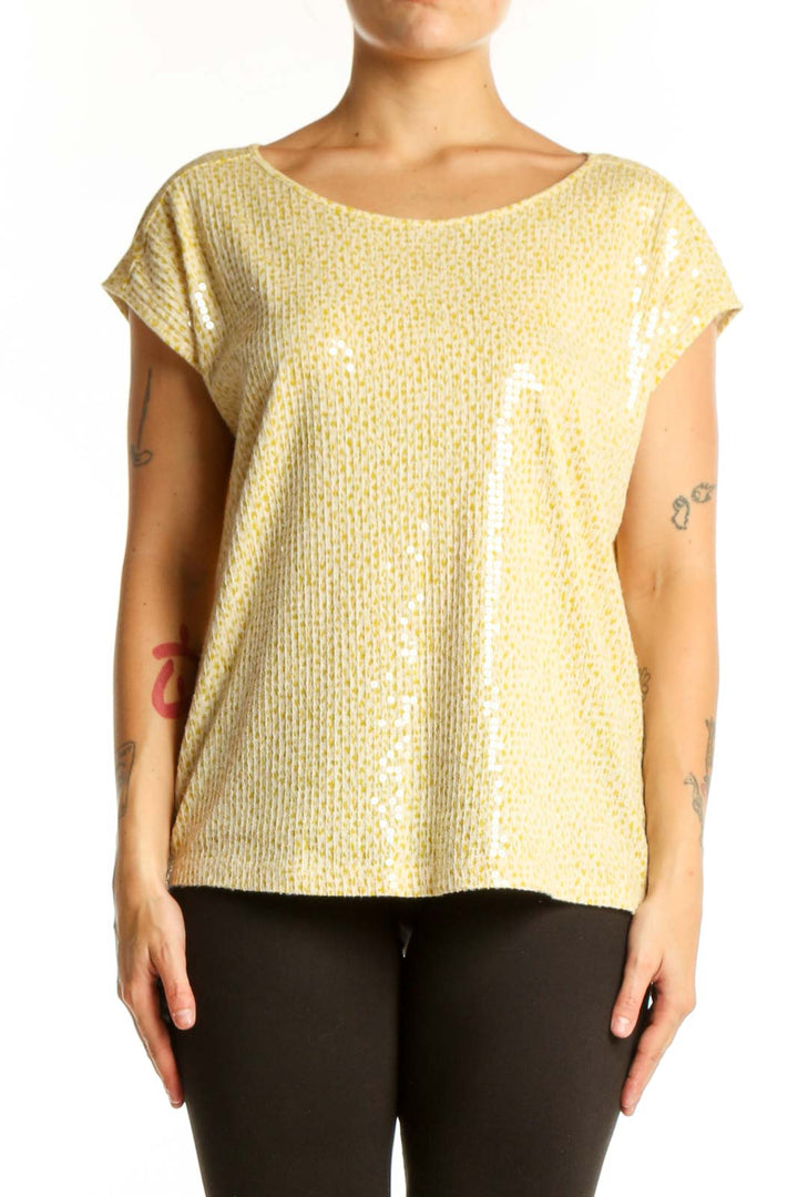 Gold sequin short sleeve top with crew neckline and rolled sleeves, front view