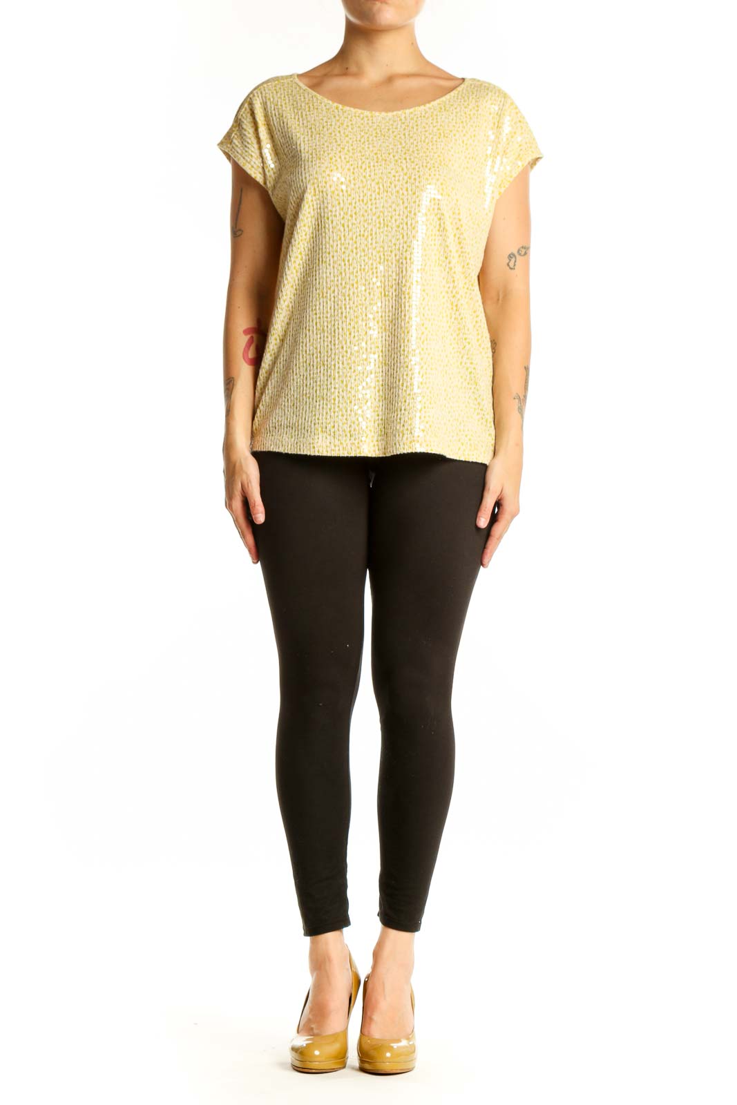 Gold sequin short sleeve top with crew neckline and rolled sleeves, front view