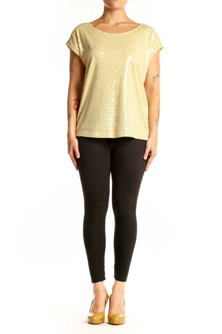 Gold sequin short sleeve top with crew neckline and rolled sleeves, front view