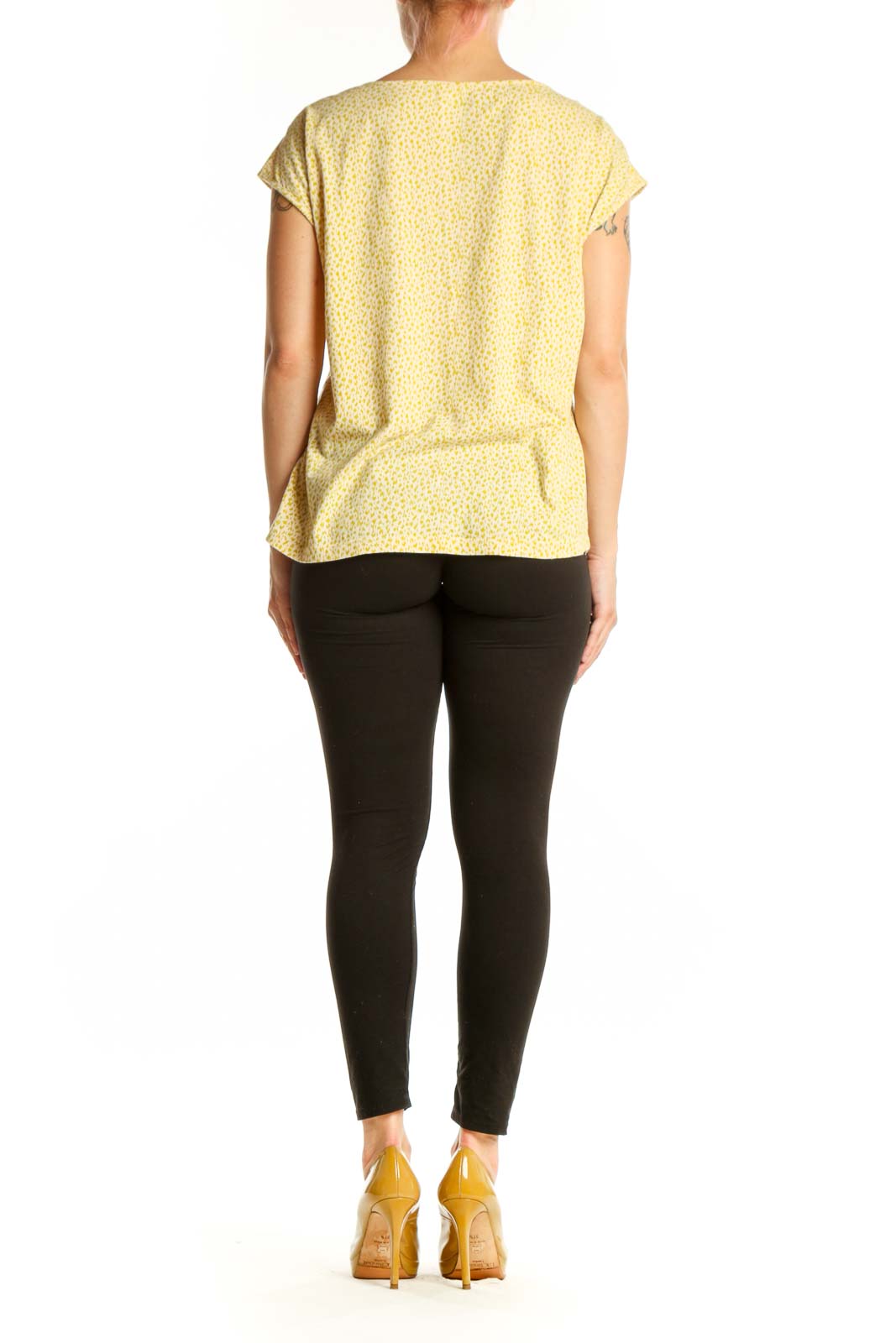 Gold sequin short sleeve top back view showing full sequin coverage and relaxed fit