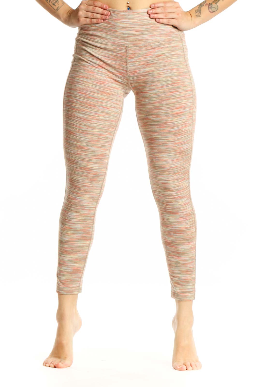 Front view of multicolor striped athletic leggings with horizontal coral, cream, and pastel stripes, high-waisted design, and cropped ankle length