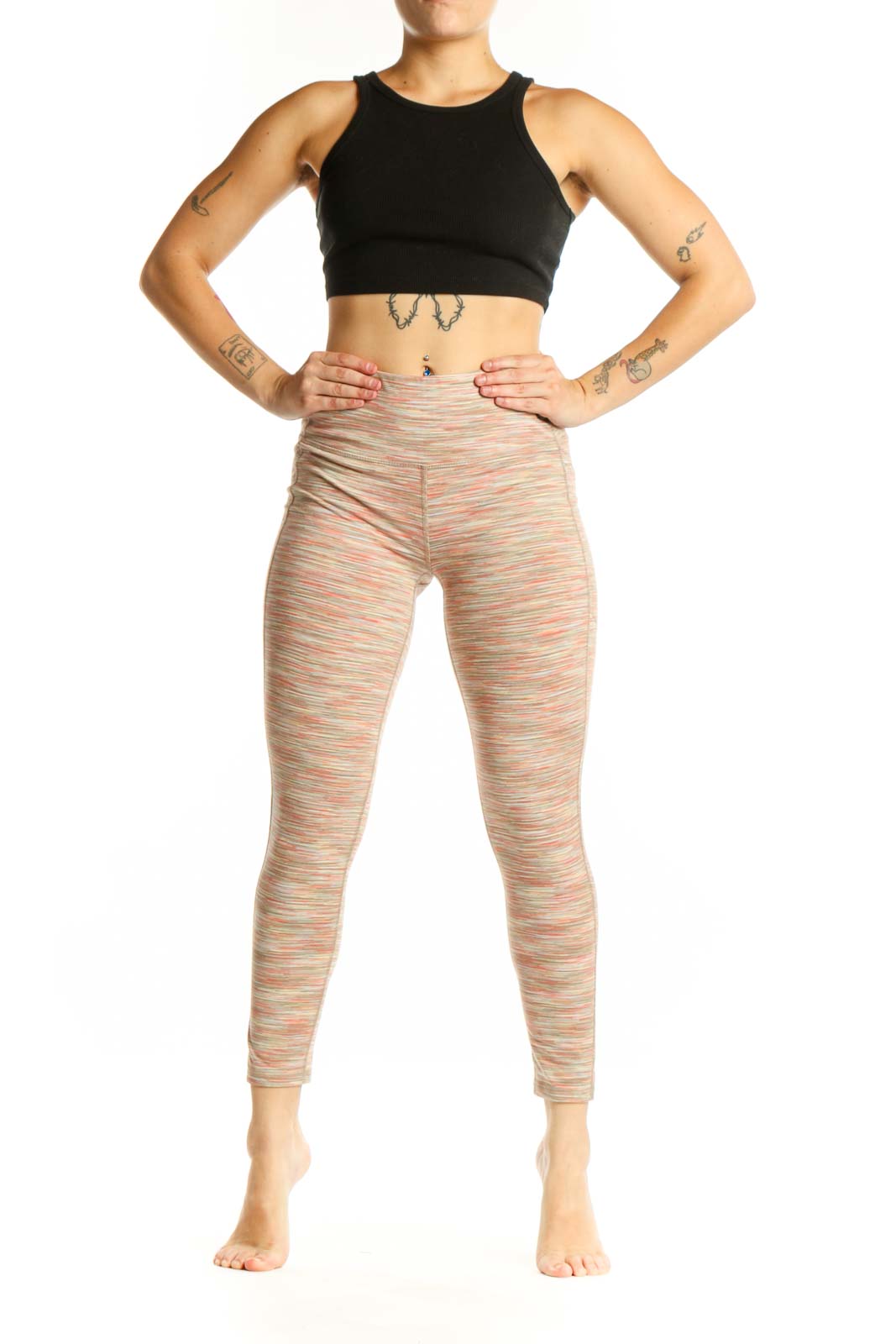 Front view of multicolor striped athletic leggings with horizontal coral, cream, and pastel stripes, high-waisted design, and cropped ankle length