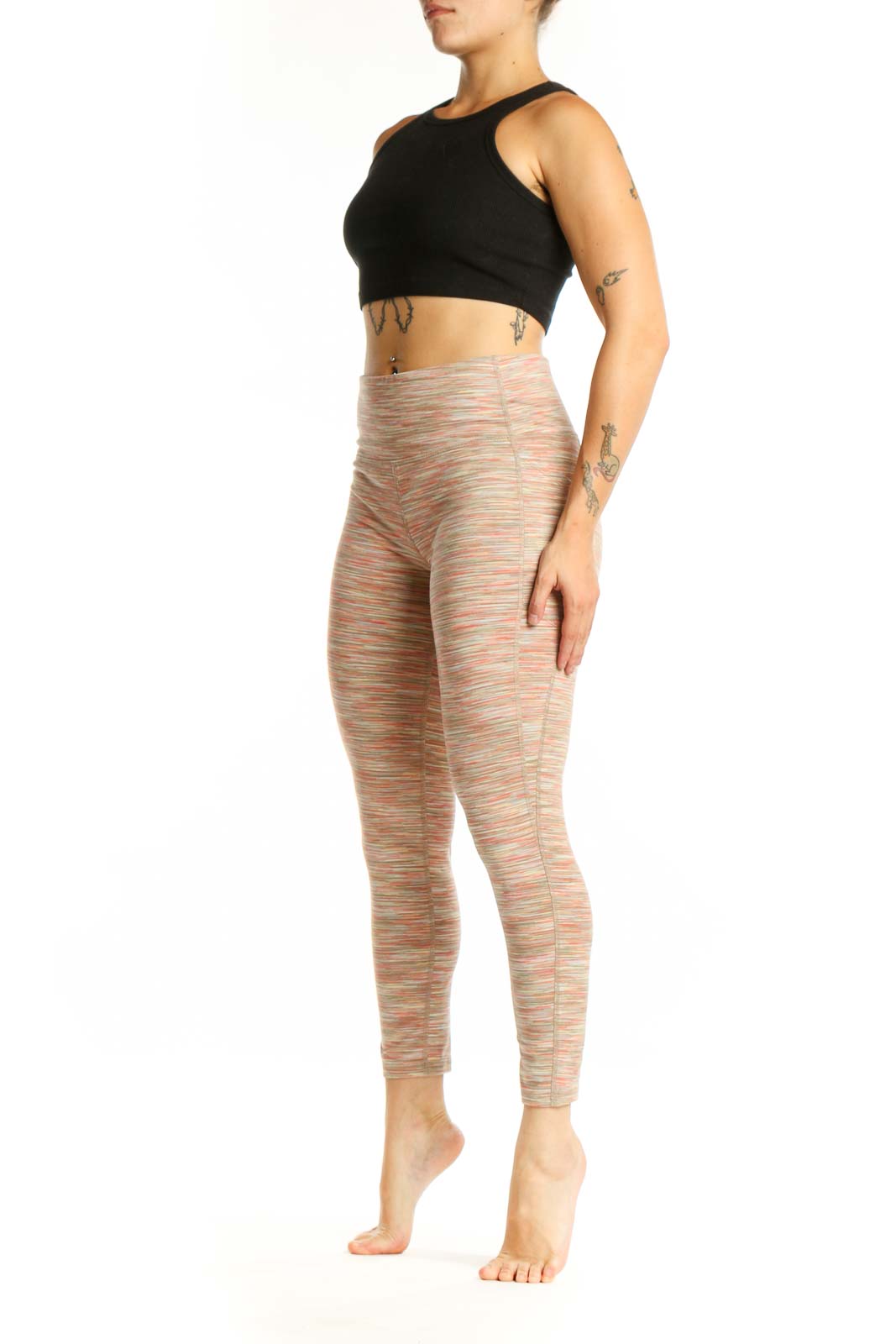 Front view of multicolor striped athletic leggings with horizontal coral, cream, and pastel stripes, high-waisted design, and cropped ankle length