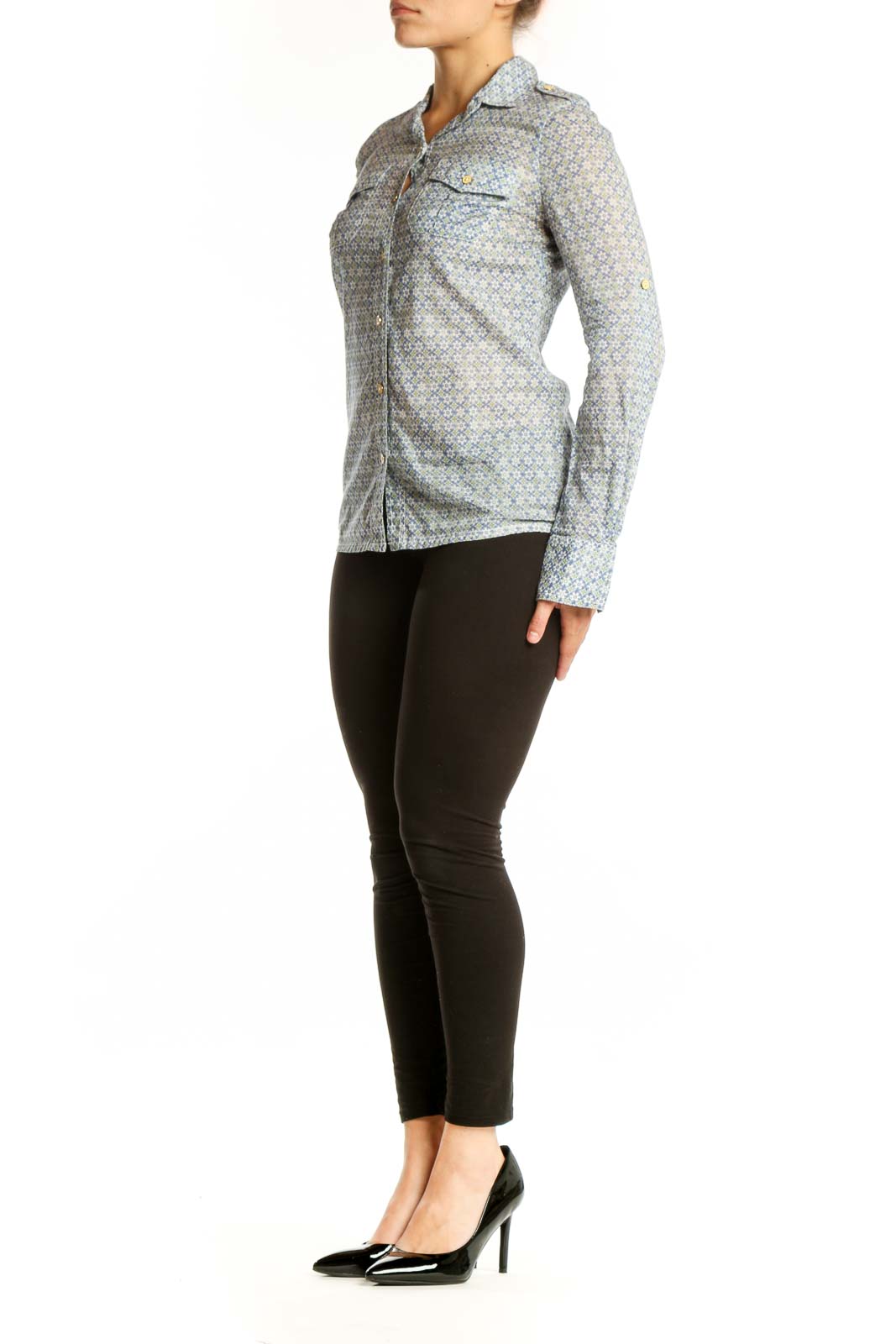 Tory Burch blue geometric cotton button-up shirt with collared neckline and chest pockets, front view on model