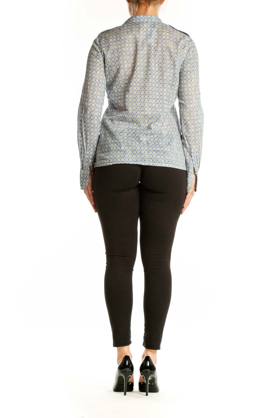 Tory Burch blue geometric cotton button-up shirt back view, showing relaxed fit and long sleeves