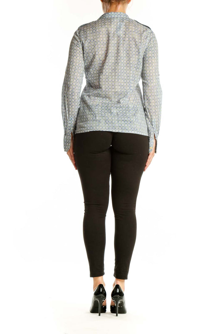 Tory Burch blue geometric cotton button-up shirt back view, showing relaxed fit and long sleeves