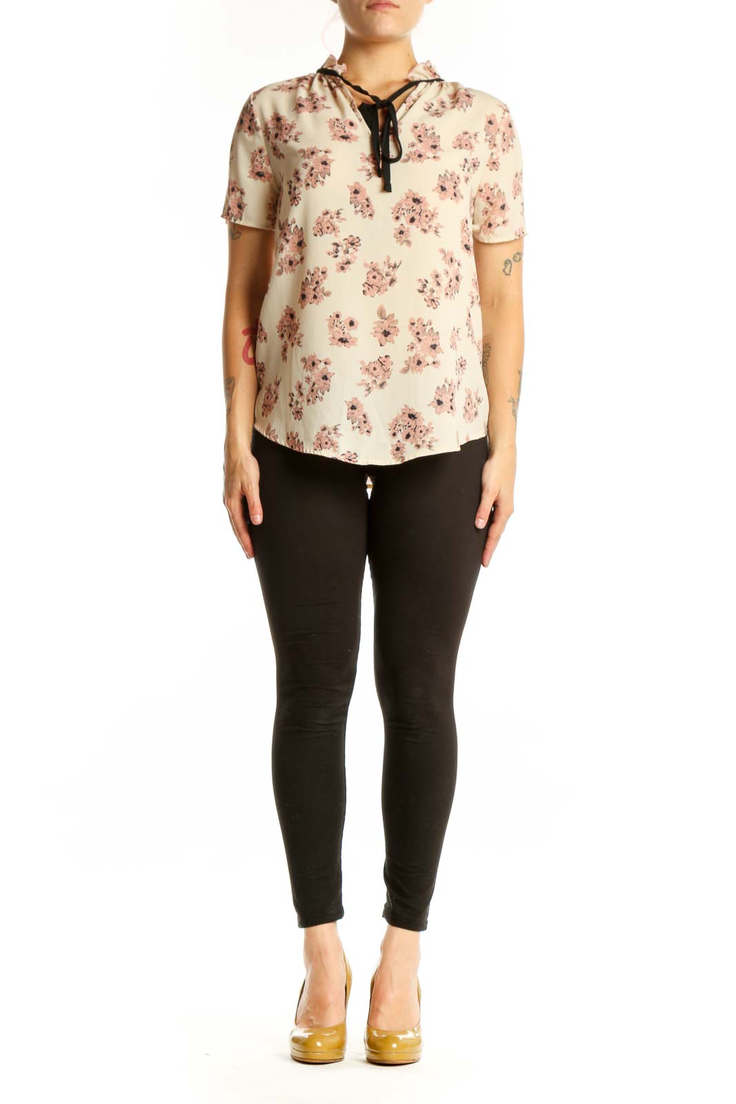 SilkRoll cream floral blouse with pink flowers and black lace-up neckline detail, front view