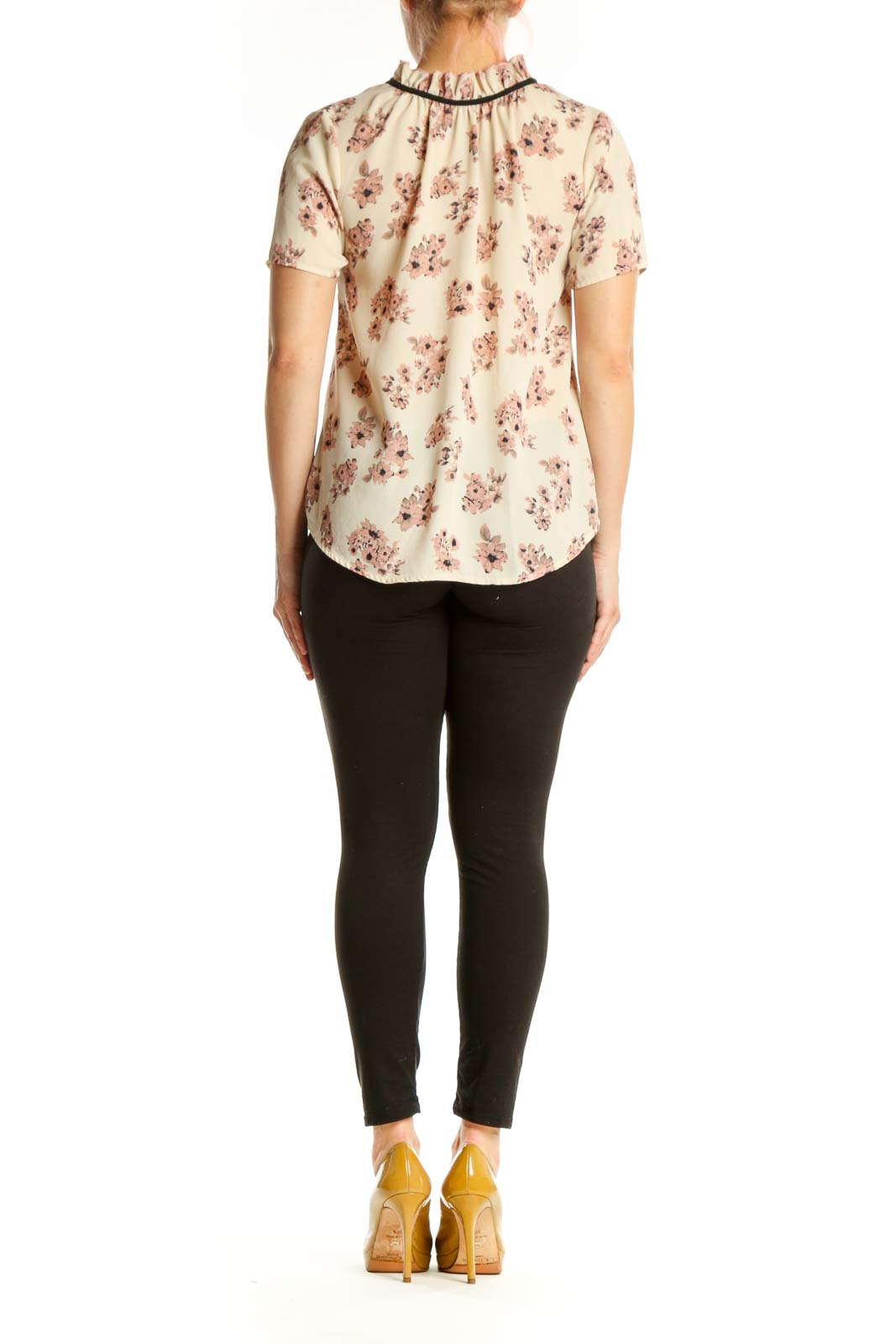 SilkRoll cream floral blouse with pink flowers, back view showing short sleeves and relaxed fit
