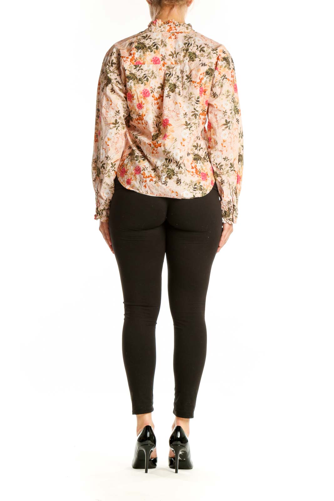 Cream floral Pima cotton button-up top by Amo, back view showing relaxed fit and long sleeves