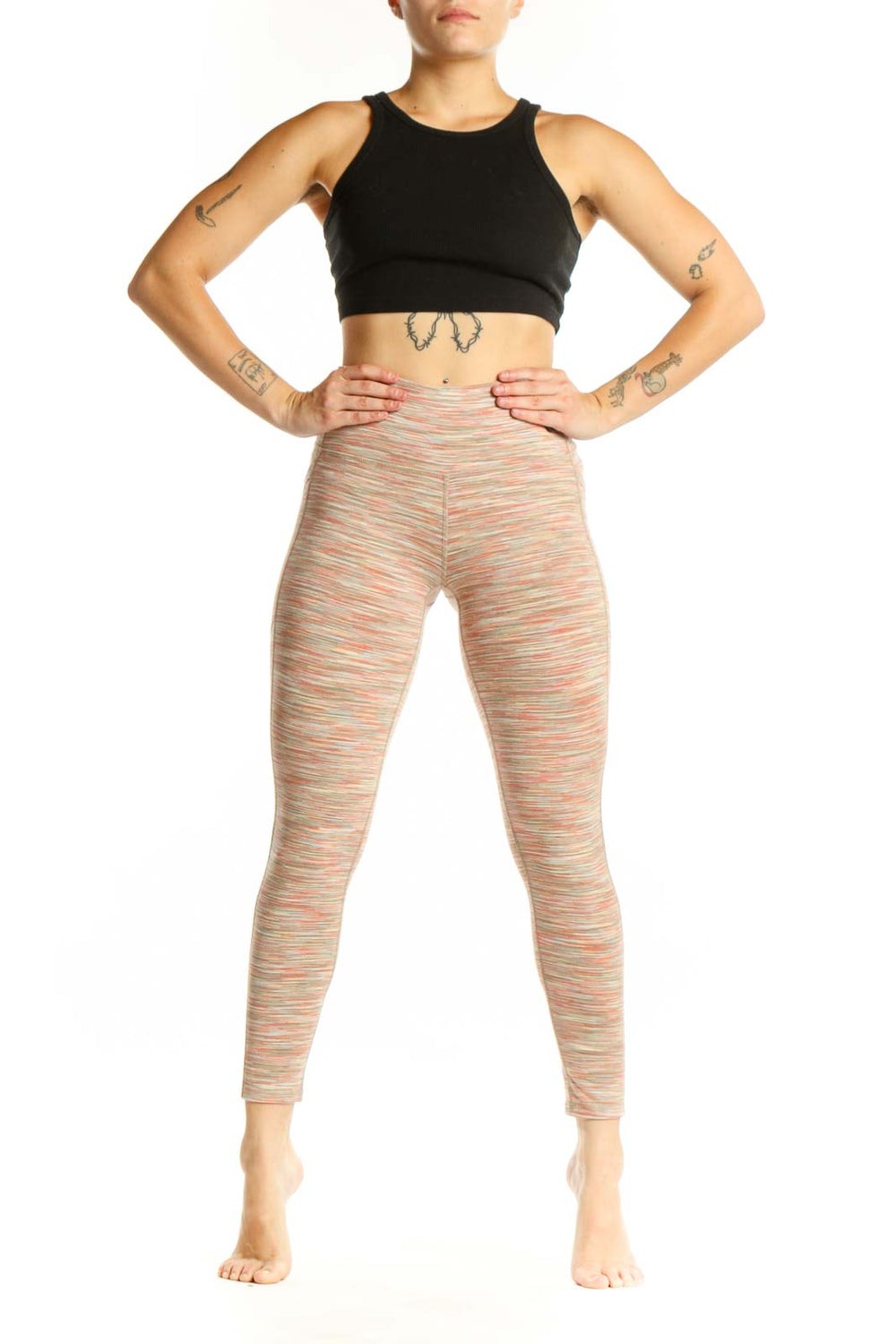 Front view of multicolor striped high-waist yoga leggings by DSG in size small, showing vibrant horizontal stripes and high-waist design
