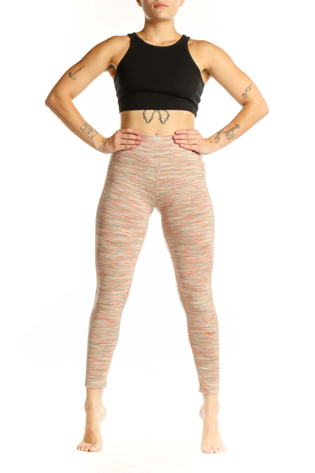 Front view of multicolor striped high-waist yoga leggings by DSG in size small, showing vibrant horizontal stripes and high-waist design