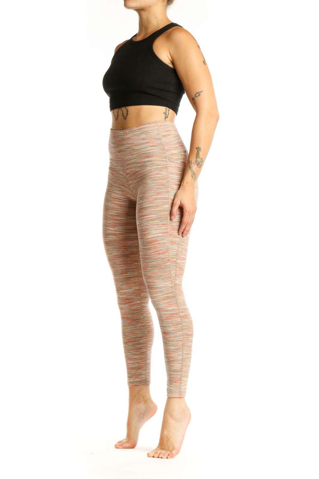 Front view of multicolor striped high-waist yoga leggings by DSG in size small, showing vibrant horizontal stripes and high-waist design