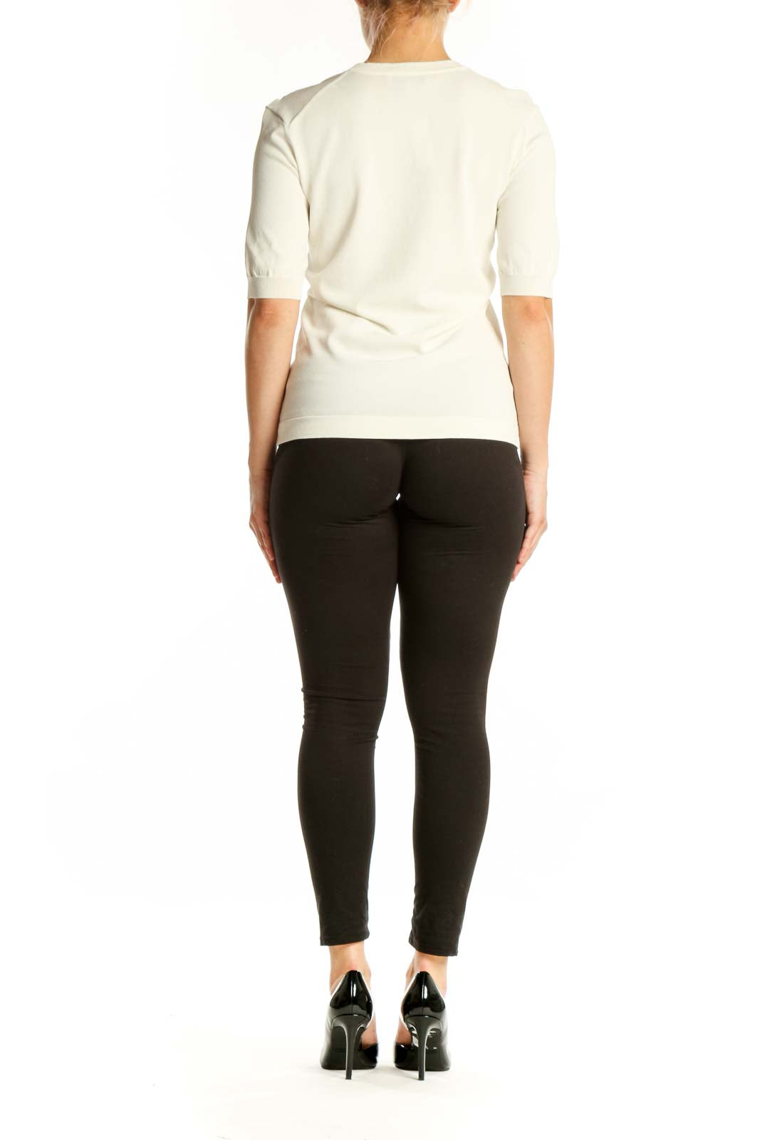 Cream lace-up V-neck top with three-quarter sleeves, back view on model
