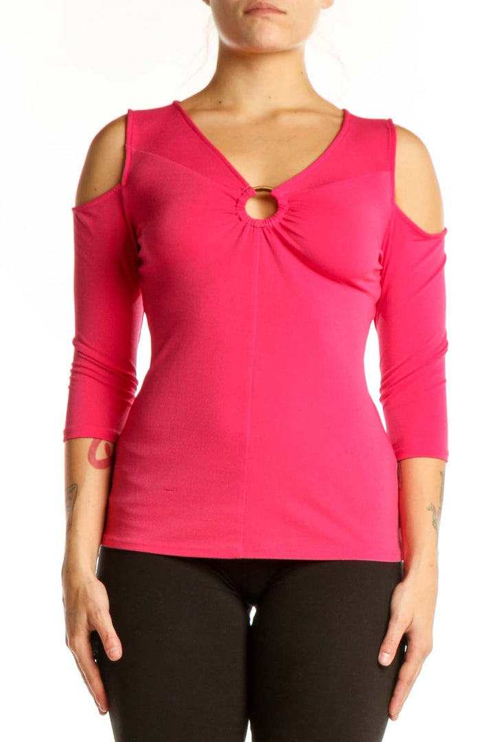 Pink cold shoulder top with keyhole cutout and three-quarter sleeves, front view