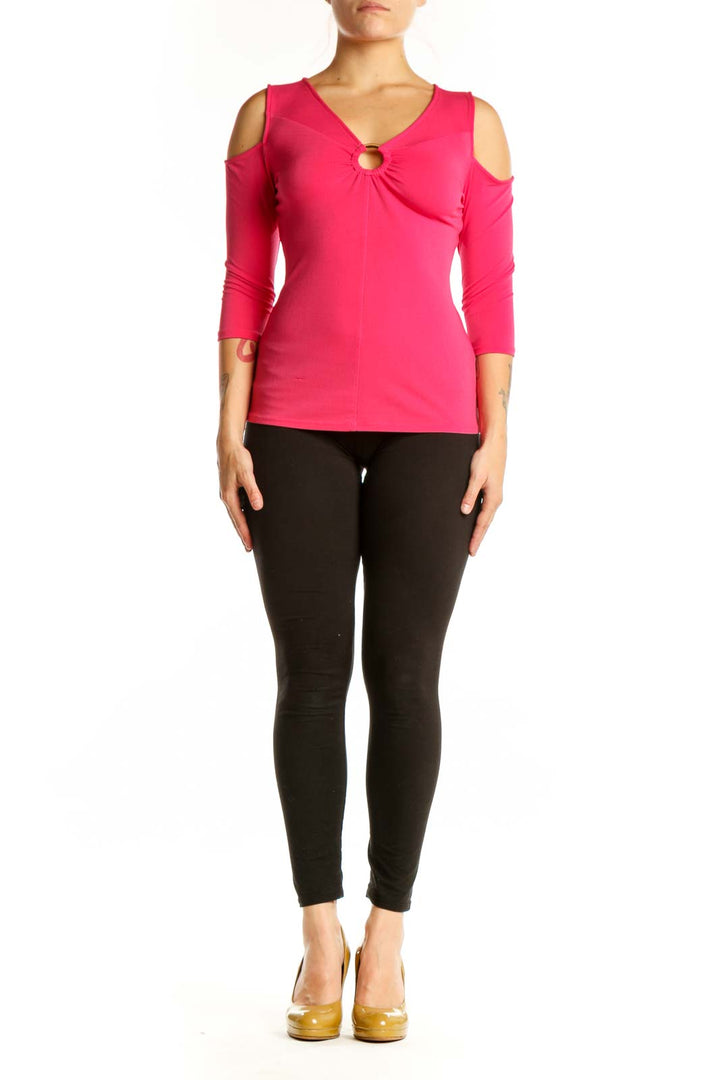 Pink cold shoulder top with keyhole cutout and three-quarter sleeves, front view