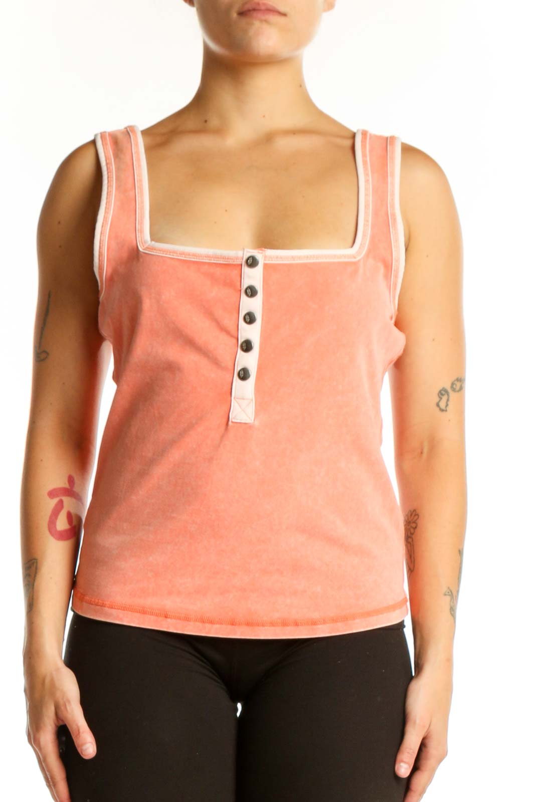 Coral henley tank top with white contrast trim and button-front detail, front view