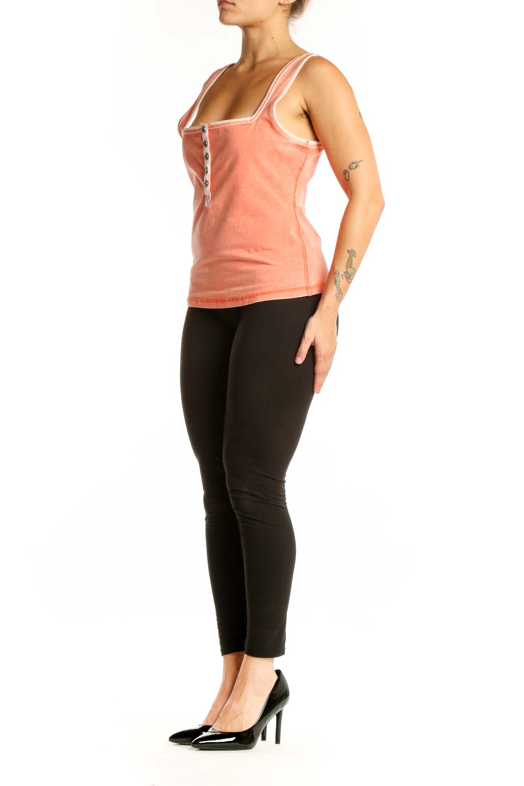 Coral henley tank top with white contrast trim and button-front detail, front view