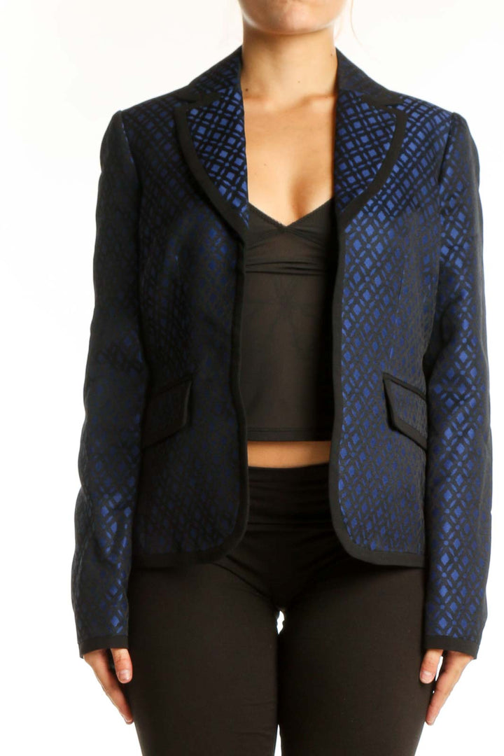 Navy blue geometric patterned Anne Klein blazer front view with notch lapels and patch pockets