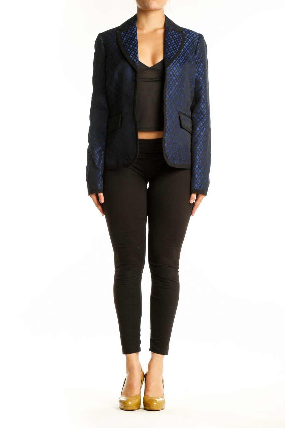 Navy blue geometric patterned Anne Klein blazer front view with notch lapels and patch pockets