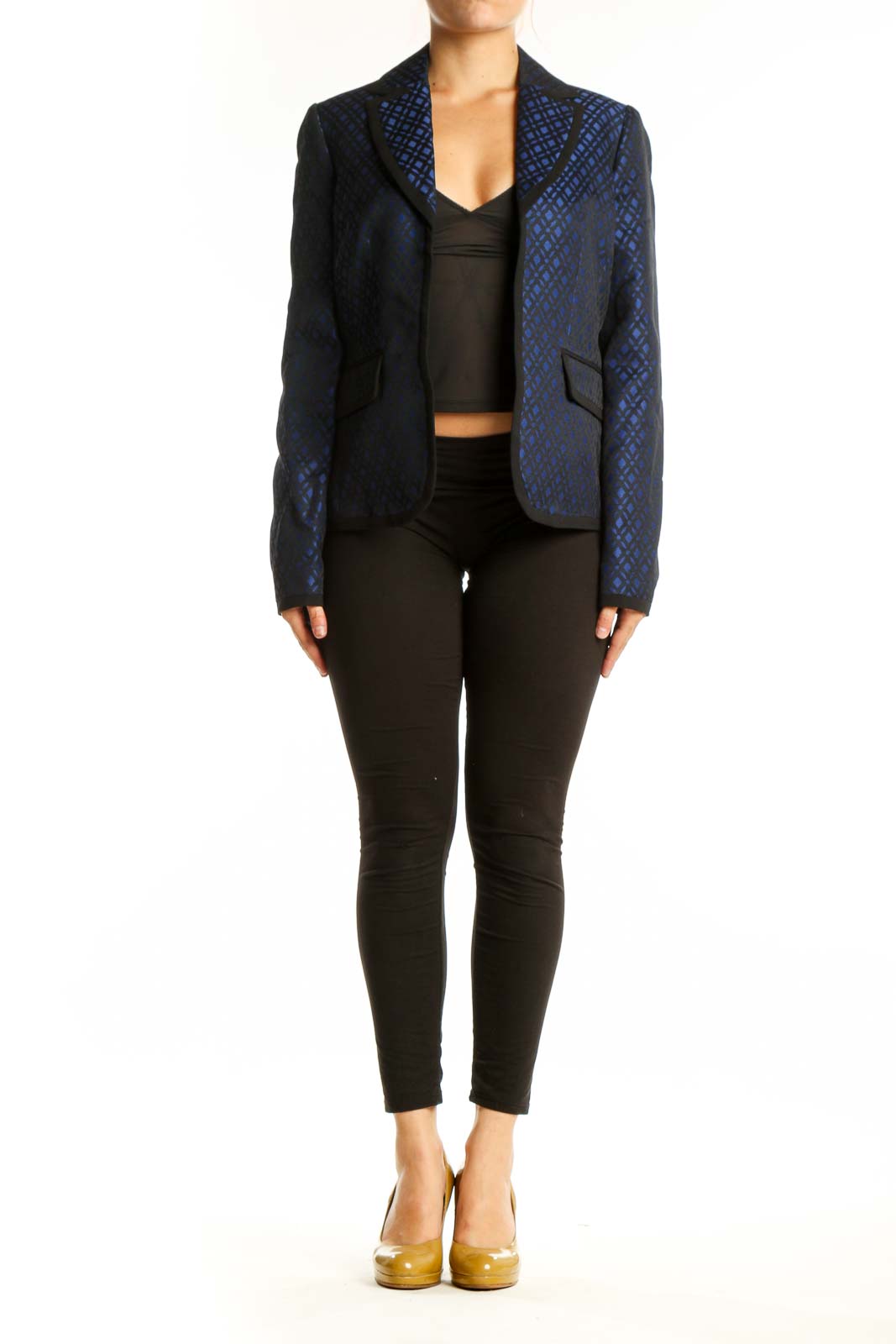 Navy blue geometric patterned Anne Klein blazer front view with notch lapels and patch pockets