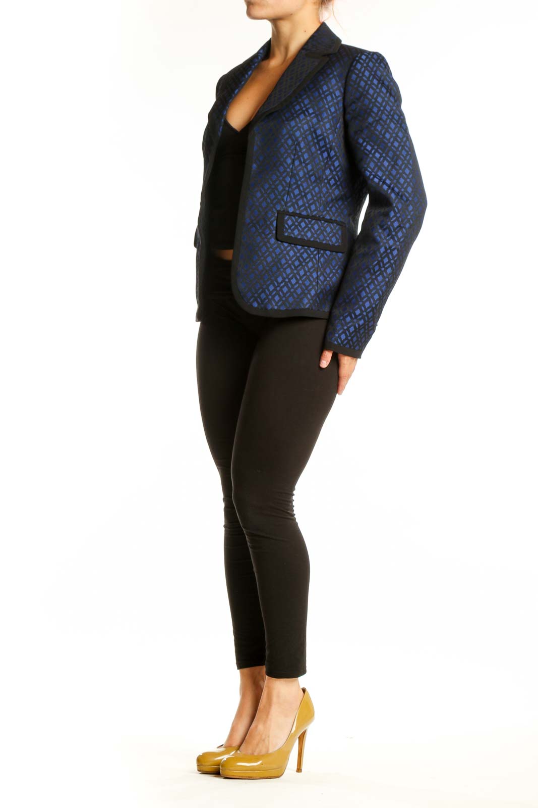 Navy blue geometric patterned Anne Klein blazer front view with notch lapels and patch pockets