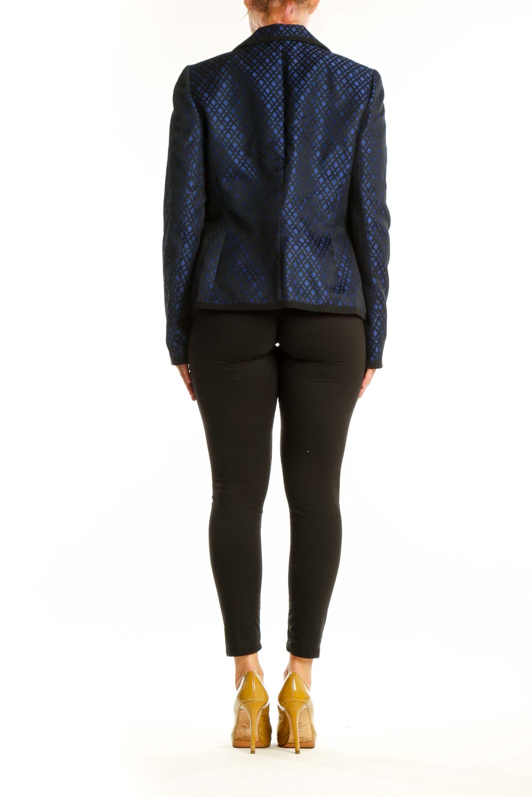 Navy blue geometric patterned Anne Klein blazer back view showing tailored silhouette and structured fit