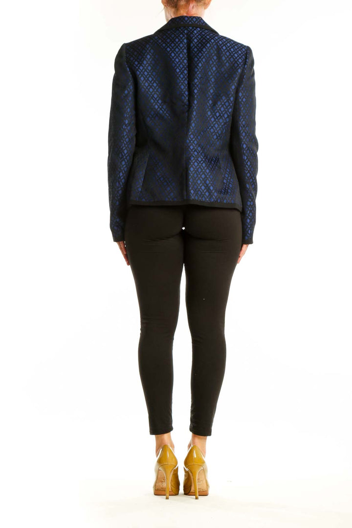Navy blue geometric patterned Anne Klein blazer back view showing tailored silhouette and structured fit