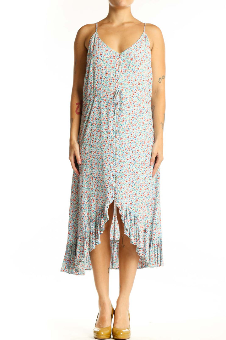 Multicolor floral print midi dress with V-neckline and spaghetti straps, front view