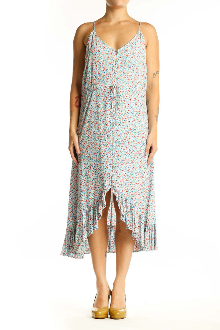 Multicolor floral print midi dress with V-neckline and spaghetti straps, front view