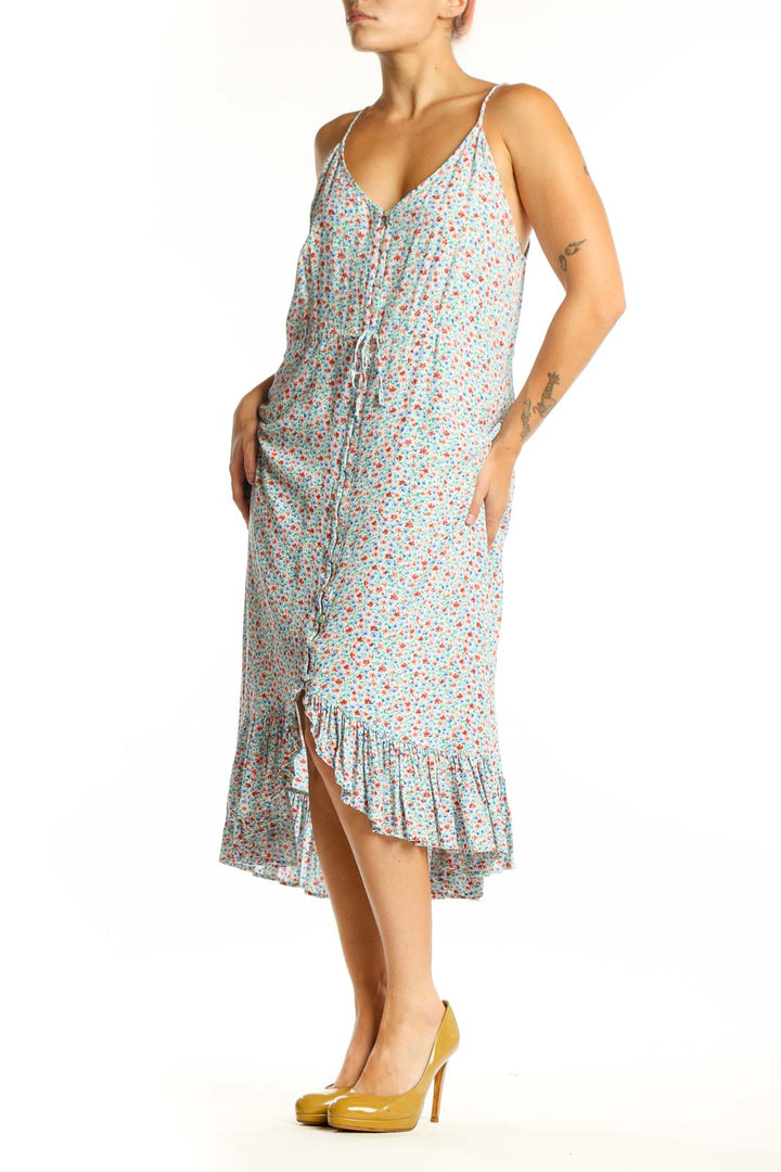 Multicolor floral print midi dress with V-neckline and spaghetti straps, front view