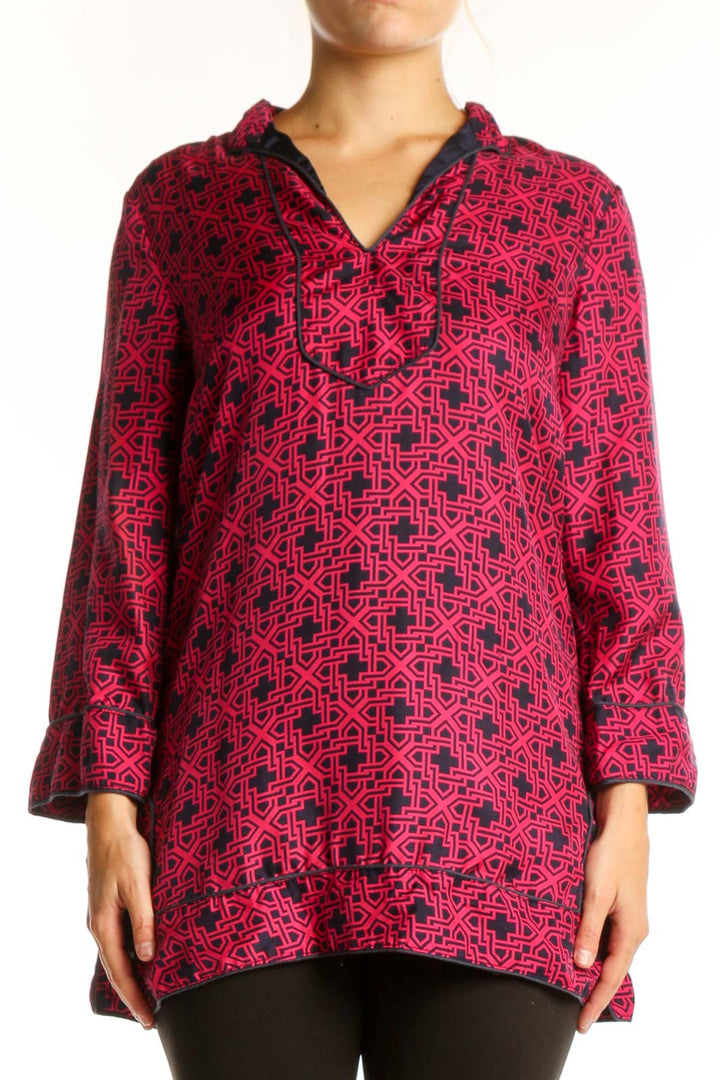 Burgundy and black geometric print tunic top with V-neckline and three-quarter sleeves, front view