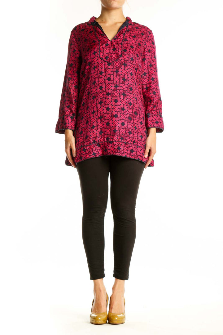 Burgundy and black geometric print tunic top with V-neckline and three-quarter sleeves, front view