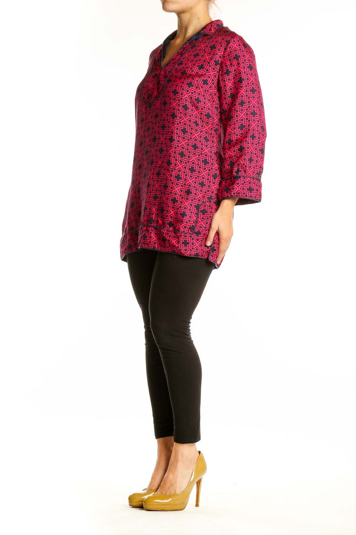 Burgundy and black geometric print tunic top with V-neckline and three-quarter sleeves, front view