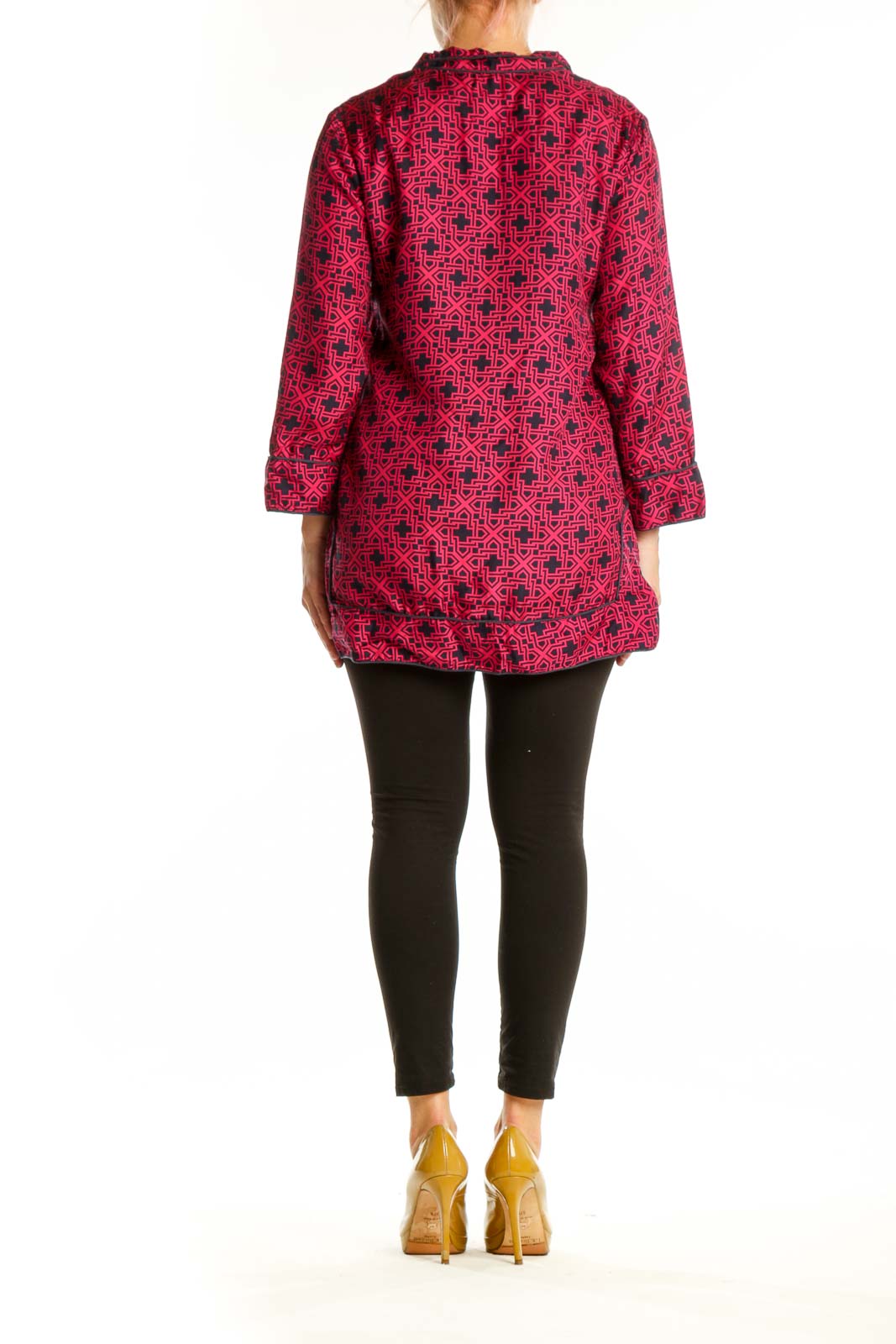 Burgundy geometric print tunic top back view, showing relaxed silhouette and flowing design