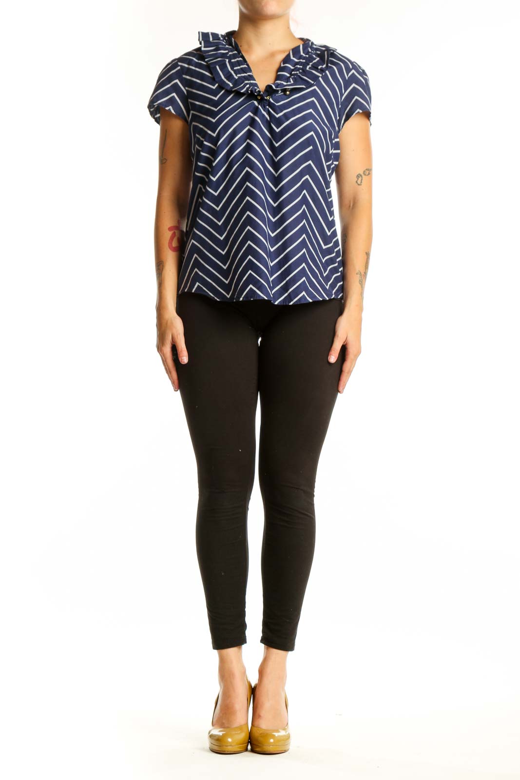 Navy and white chevron striped short sleeve top with V-neckline and tie detail, front view