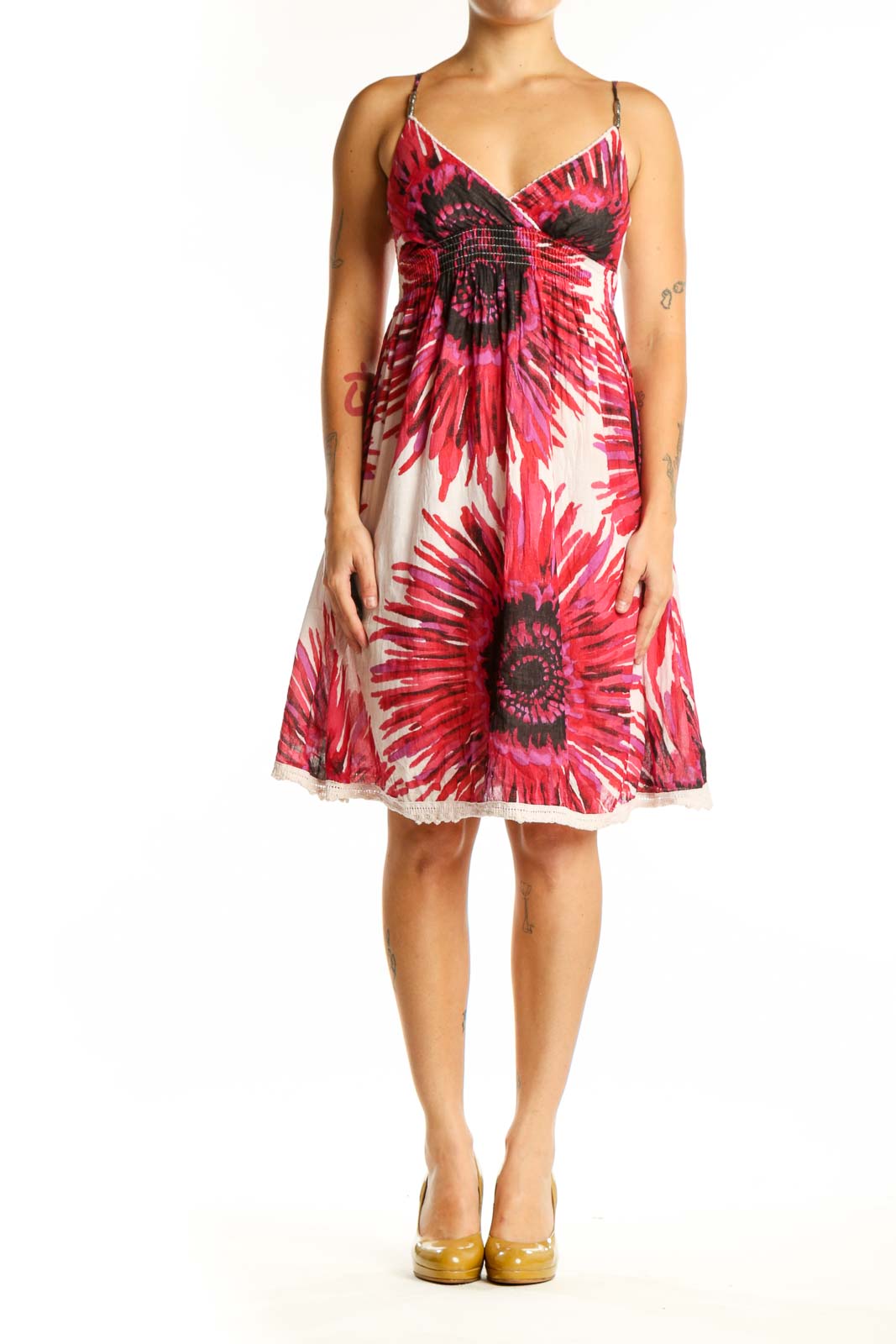 Red floral empire waist midi dress with sunflower botanical print, sweetheart neckline and spaghetti straps