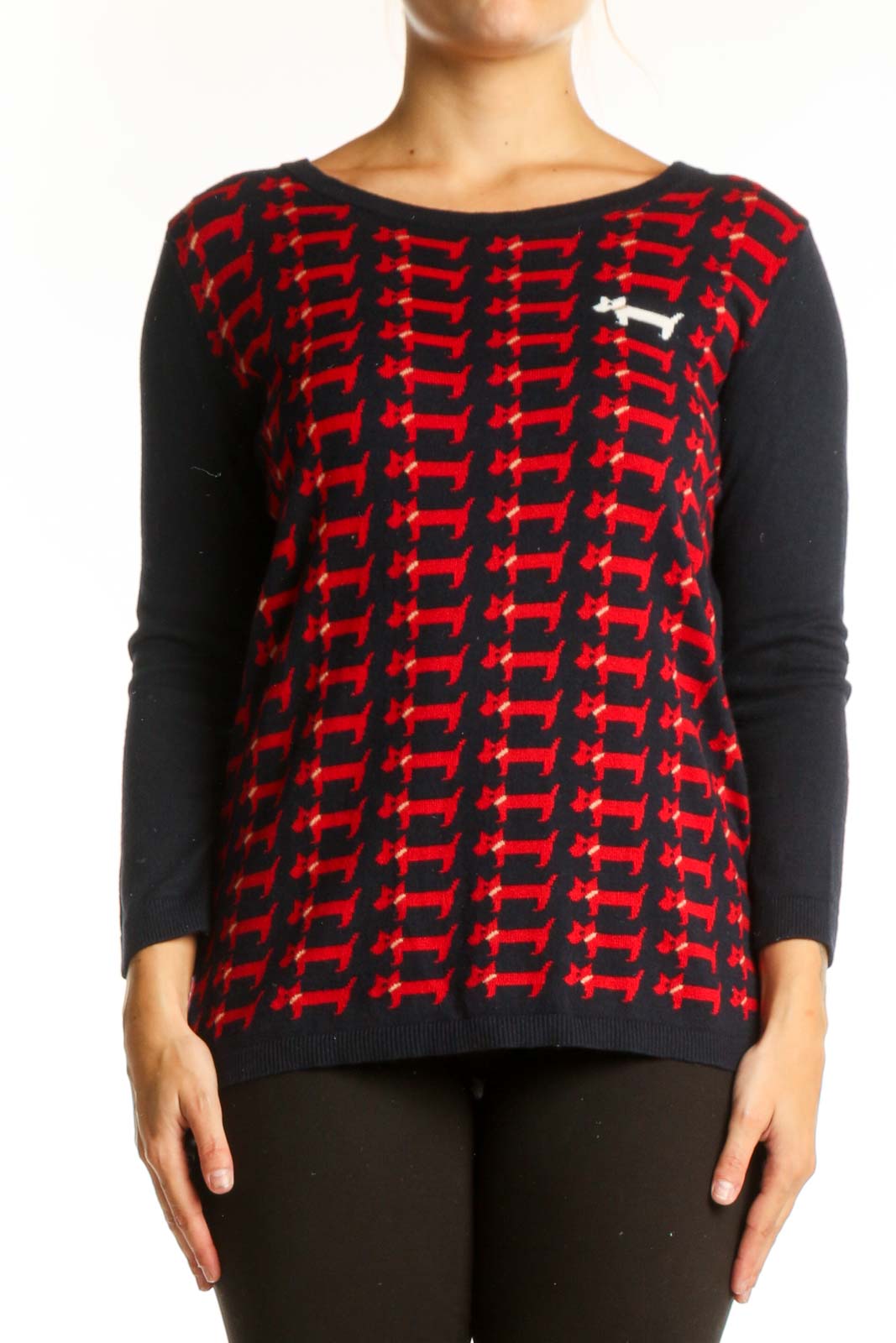 Red dachshund print knit pullover with black long sleeves, front view on model