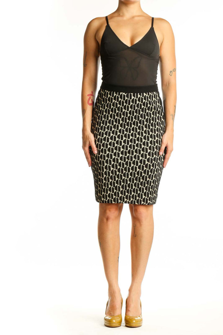 Black and cream geometric pencil skirt by Diane von Furstenberg, front view on model