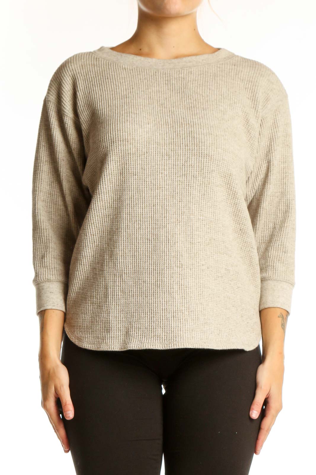 Beige ribbed cotton knit sweater with crew neckline and three-quarter sleeves, front view
