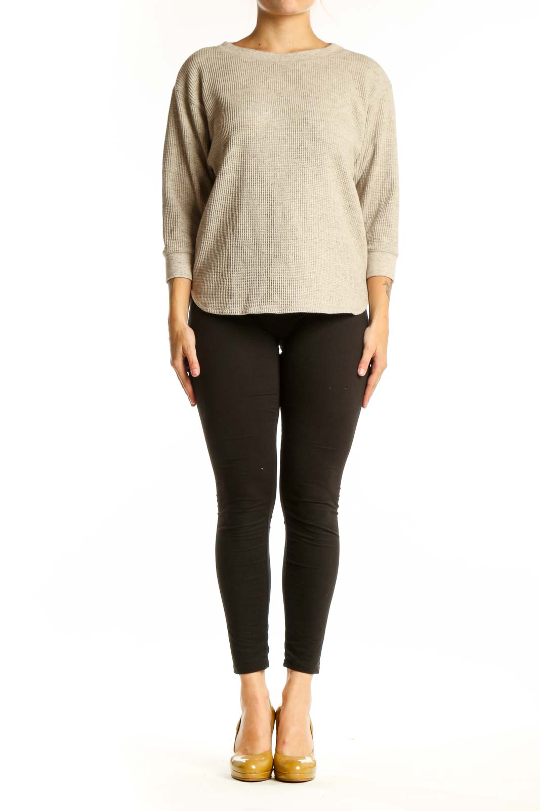 Beige ribbed cotton knit sweater with crew neckline and three-quarter sleeves, front view