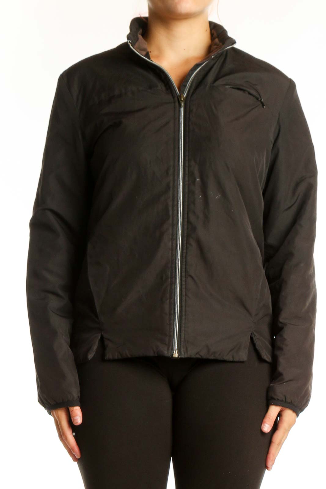 Black puffer jacket with full-length zip closure and stand collar, front view