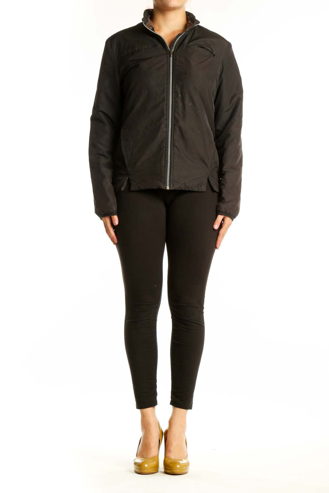 Black puffer jacket with full-length zip closure and stand collar, front view