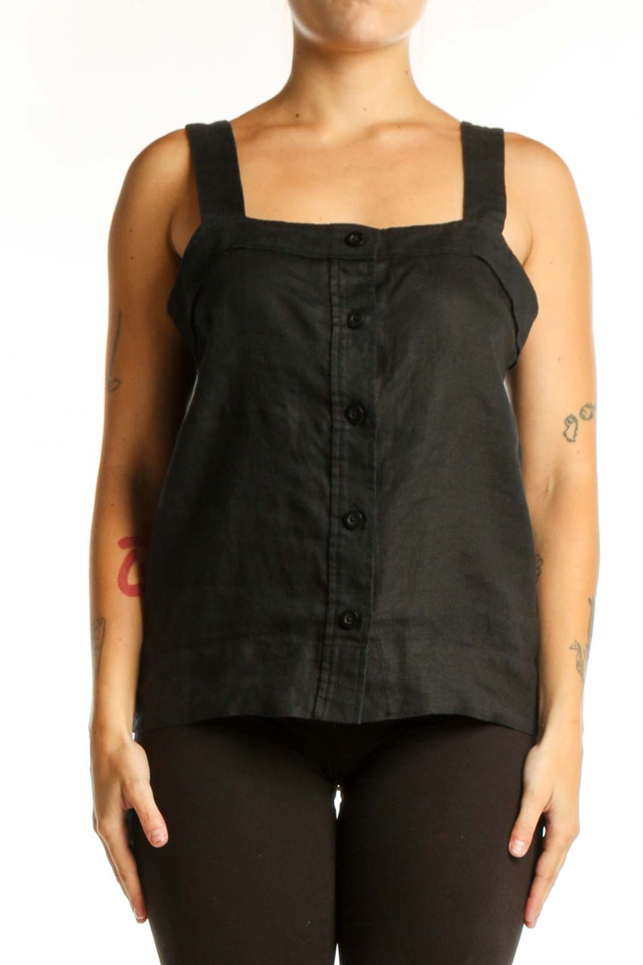 Black linen square neck tank top with button-front closure, front view